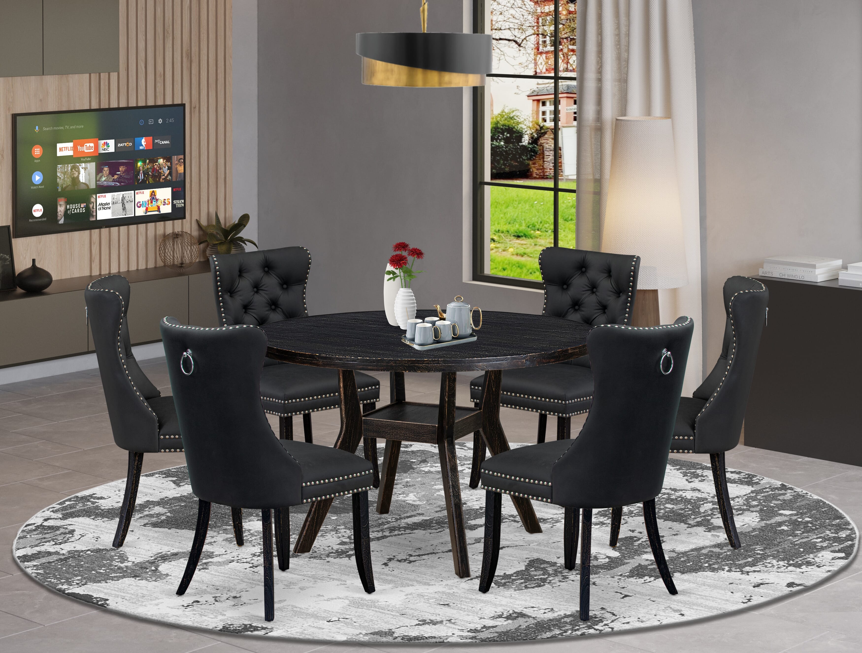 Luxe by East West Furniture I8DA7-411-12 7-Piece Kitchen Dining Table Set with Faux Leather 6 Dark Gray kitchen chairs, Button-Tufted Backs, and a 48"Round Dining Table in Sand Blasted Black Finish.