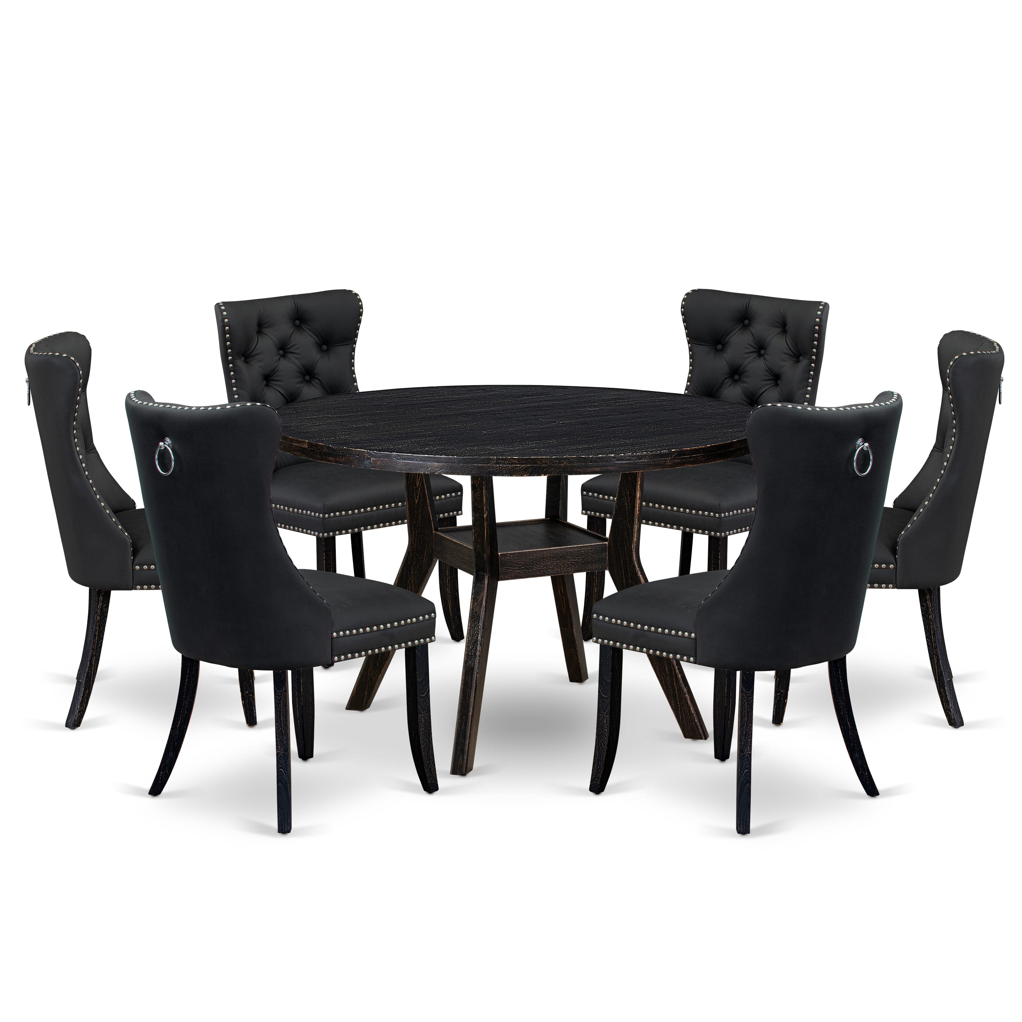 Luxe by East West Furniture I8DA7-411-12 7-Piece Kitchen Dining Table Set with Faux Leather 6 Dark Gray kitchen chairs, Button-Tufted Backs, and a 48"Round Dining Table in Sand Blasted Black Finish.