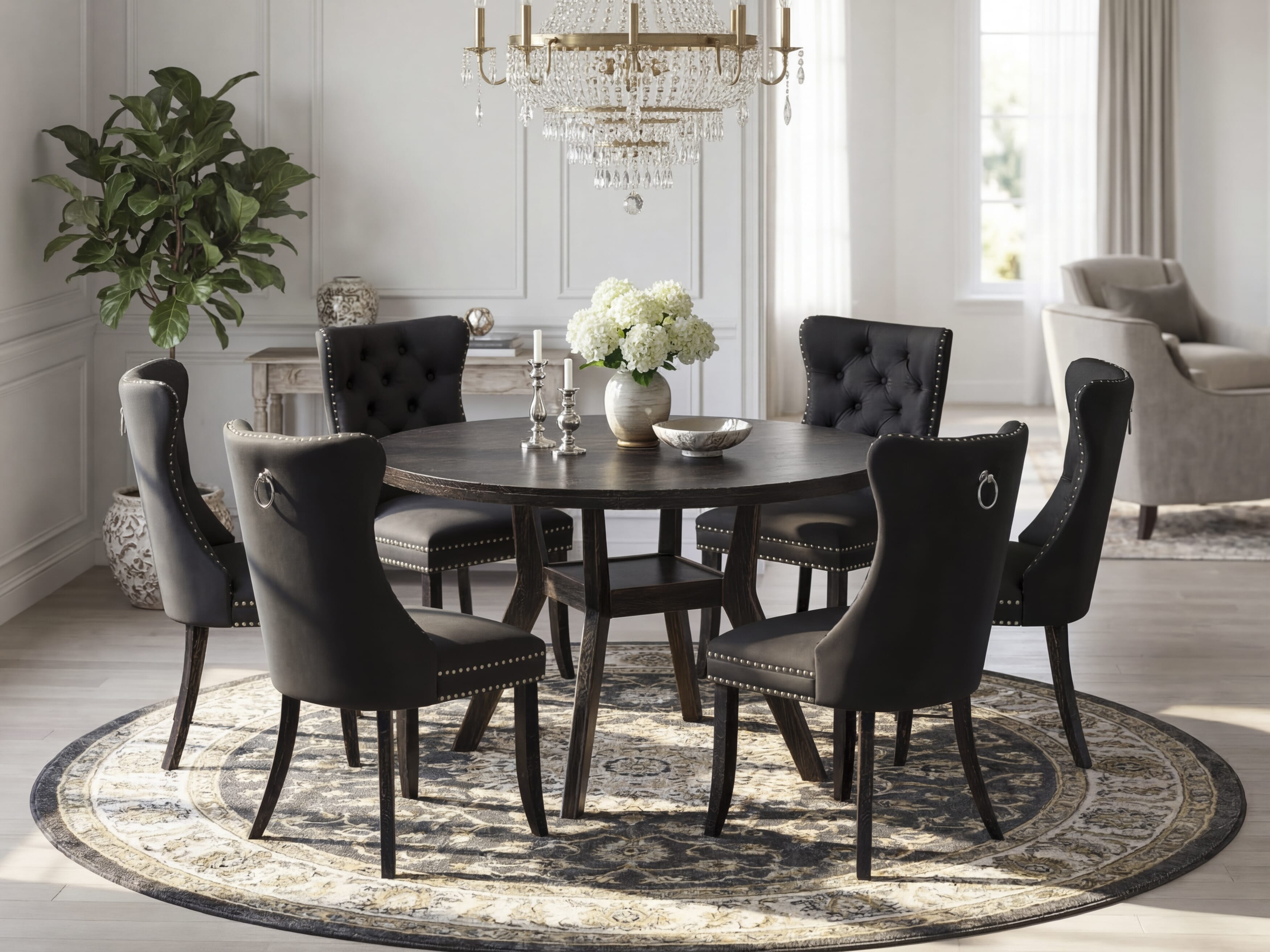 Luxe by East West Furniture I8DA7-411-12 7-Piece Kitchen Dining Table Set with Faux Leather 6 Dark Gray kitchen chairs, Button-Tufted Backs, and a 48"Round Dining Table in Sand Blasted Black Finish.