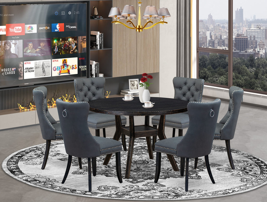 Luxe by East West Furniture I8DA7-411-13 7-piece Modern Dining Room Set with Faux Leather 6 Platinum Gray kitchen chairs, Button-Tufted Backs, and a 48"Round Table in Sand Blasted Black Finish.