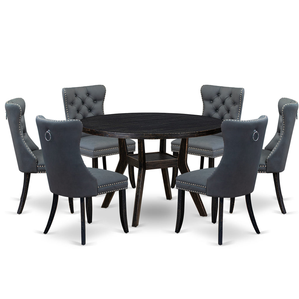 Luxe by East West Furniture I8DA7-411-13 7-piece Modern Dining Room Set with Faux Leather 6 Platinum Gray kitchen chairs, Button-Tufted Backs, and a 48"Round Table in Sand Blasted Black Finish.