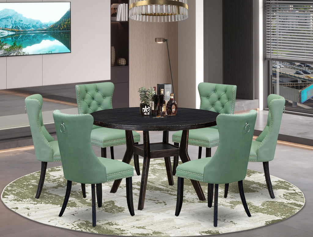 Luxe by East West Furniture I8DA7-411-22 7 Piece Dinette Set Contains a 48" Round Table with Pedestal and 6 Willow Green Faux Leather Upholstered Chairs, Sand Blasted Black