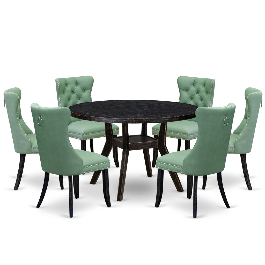 Luxe by East West Furniture I8DA7-411-22 7 Piece Dinette Set Contains a 48" Round Table with Pedestal and 6 Willow Green Faux Leather Upholstered Chairs, Sand Blasted Black