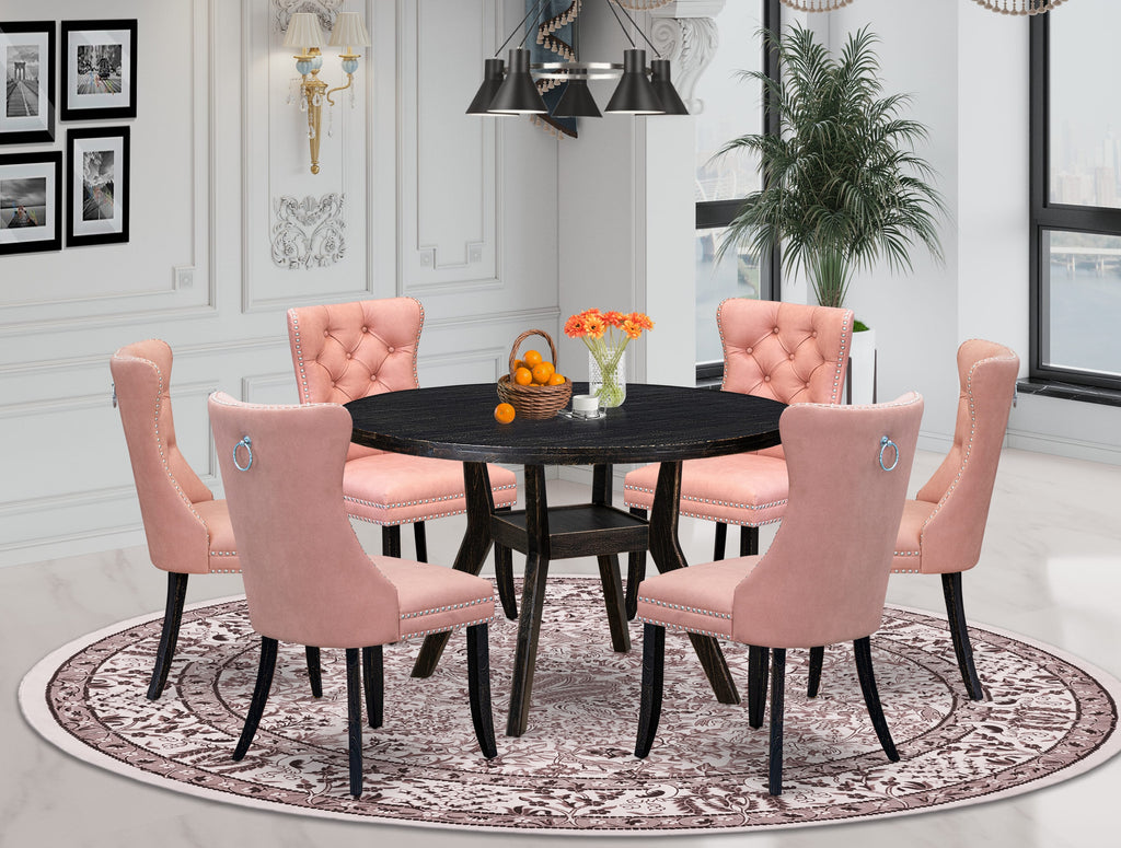 Luxe by East West Furniture I8DA7-411-23 7 Piece Dining Set Contains a 48" Round Kitchen Table with Pedestal and 6 Beige Red Faux Leather Parson Chairs, Sand Blasted Black