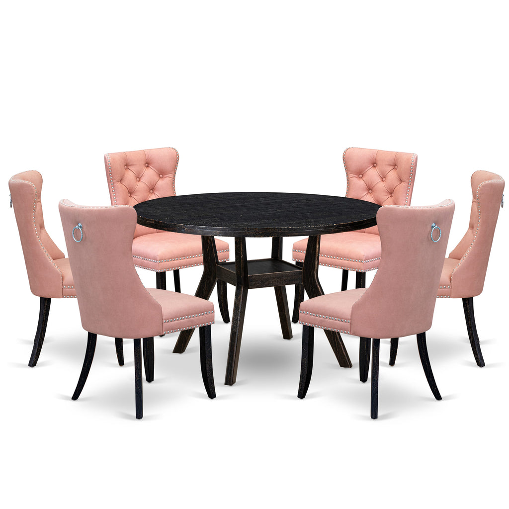 Luxe by East West Furniture I8DA7-411-23 7 Piece Dining Set Contains a 48" Round Kitchen Table with Pedestal and 6 Beige Red Faux Leather Parson Chairs, Sand Blasted Black