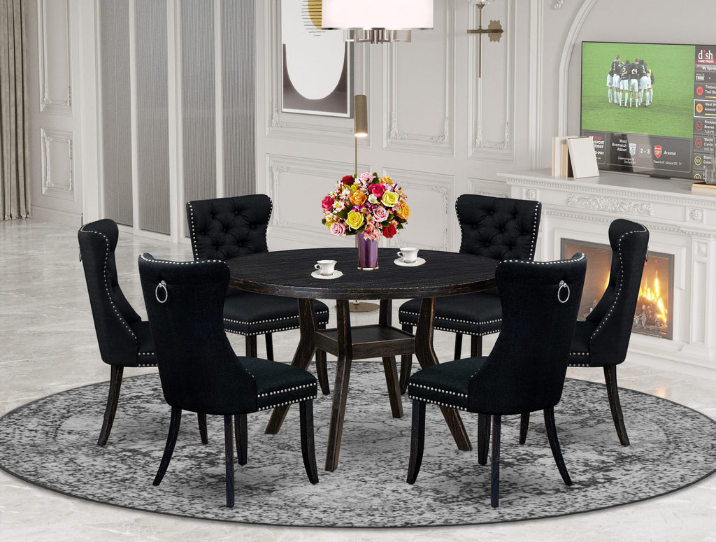 Luxe by East West Furniture I8DA7-411-24 7-pieceModern Dining Set consists of a wood table and 6 Black Linen Fabric modern chair with Button Tufted Back - Sand Blasted Black