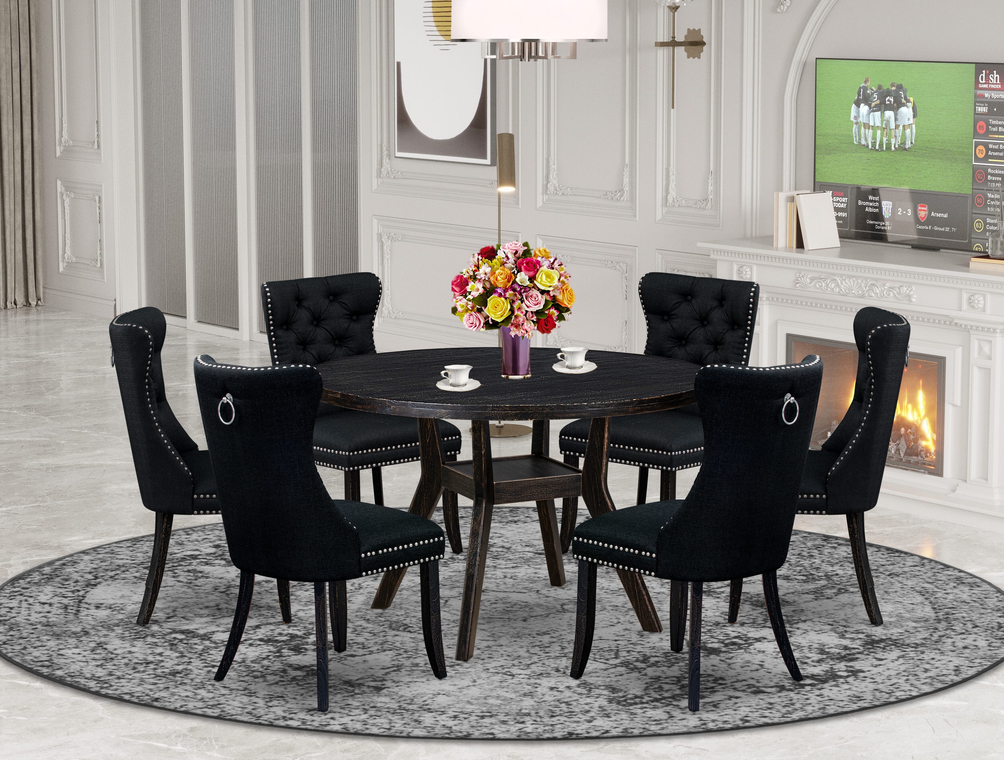 Luxe by East West Furniture I8DA7-411-24 7-pieceModern Dining Set consists of a wood table and 6 Black Linen Fabric modern chair with Button Tufted Back - Sand Blasted Black