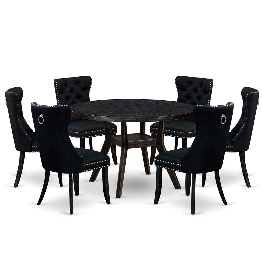 Luxe by East West Furniture I8DA7-411-24 7-pieceModern Dining Set consists of a wood table and 6 Black Linen Fabric modern chair with Button Tufted Back - Sand Blasted Black