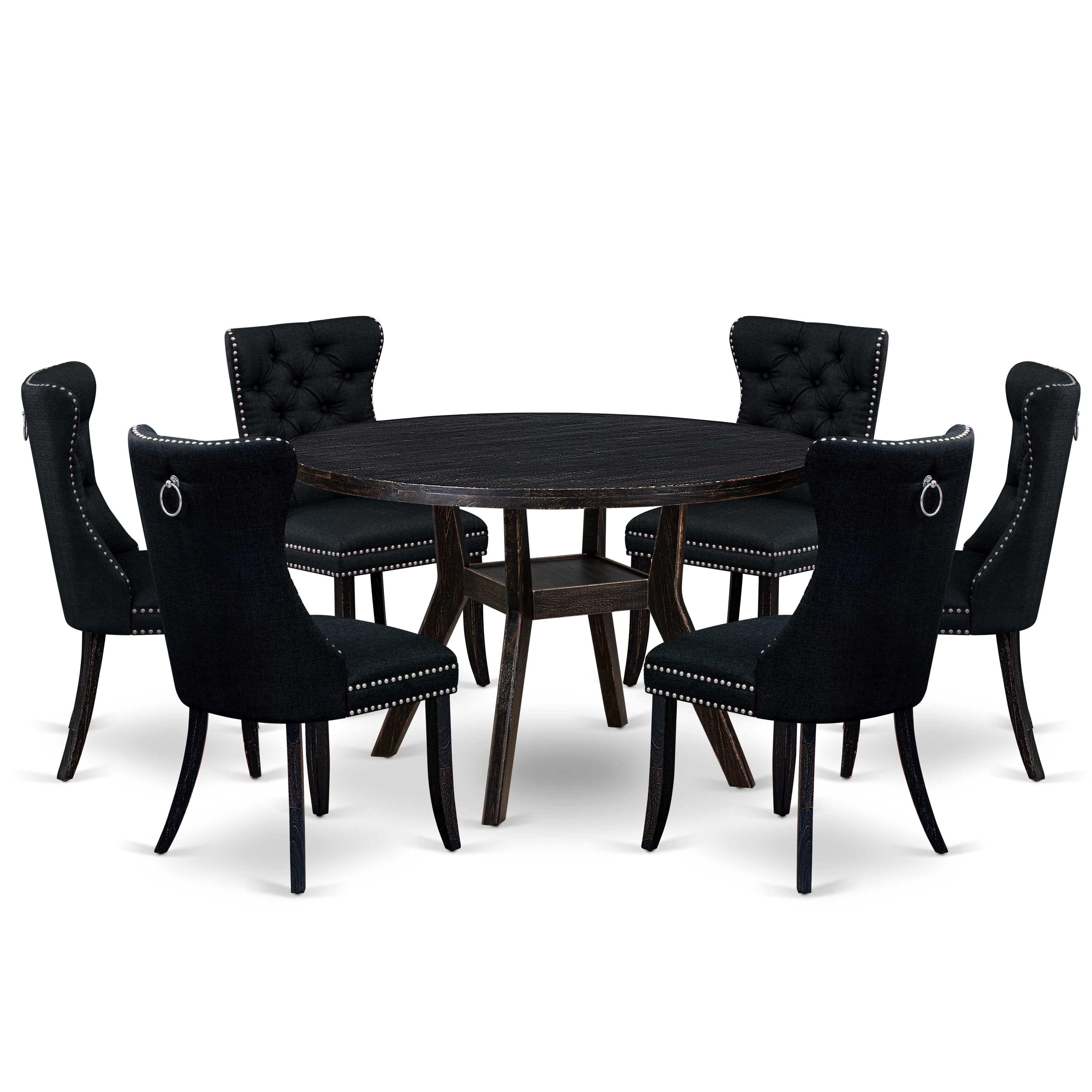 Luxe by East West Furniture I8DA7-411-24 7-pieceModern Dining Set consists of a wood table and 6 Black Linen Fabric modern chair with Button Tufted Back - Sand Blasted Black
