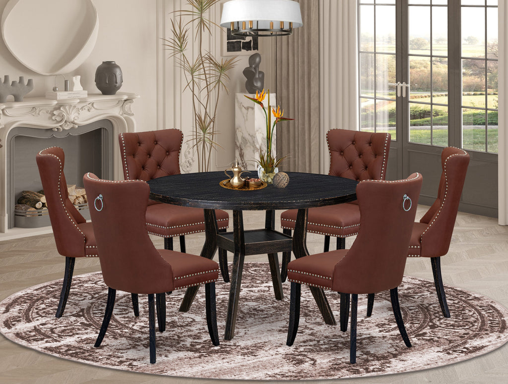 Luxe by East West Furniture I8DA7-411-26 7 Piece Dining Table Set Contains a 48" Round Table with Pedestal and 6 Burgandy Faux Leather Upholstered Chairs, Sand Blasted Black