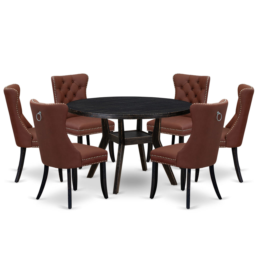 Luxe by East West Furniture I8DA7-411-26 7 Piece Dining Table Set Contains a 48" Round Table with Pedestal and 6 Burgandy Faux Leather Upholstered Chairs, Sand Blasted Black