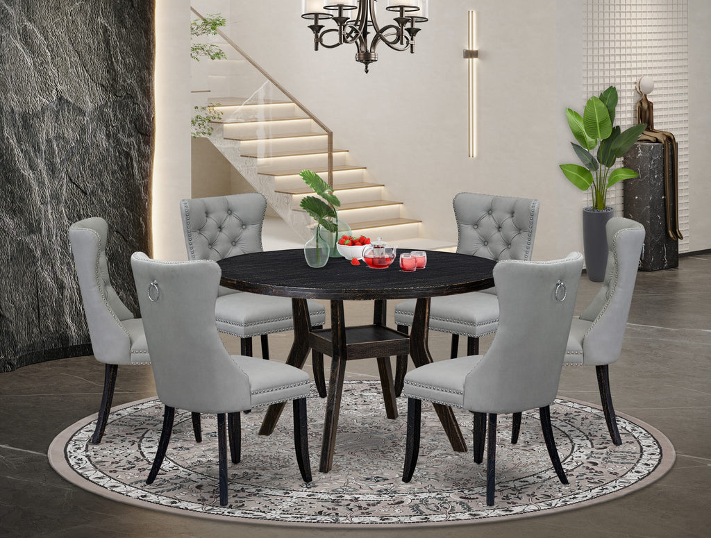 Luxe by East West Furniture I8DA7-411-27 7 Piece Dining Table Set Contains a 48" Round Table with Pedestal and 6 Light Gray Faux Leather Upholstered Chairs, Sand Blasted Black
