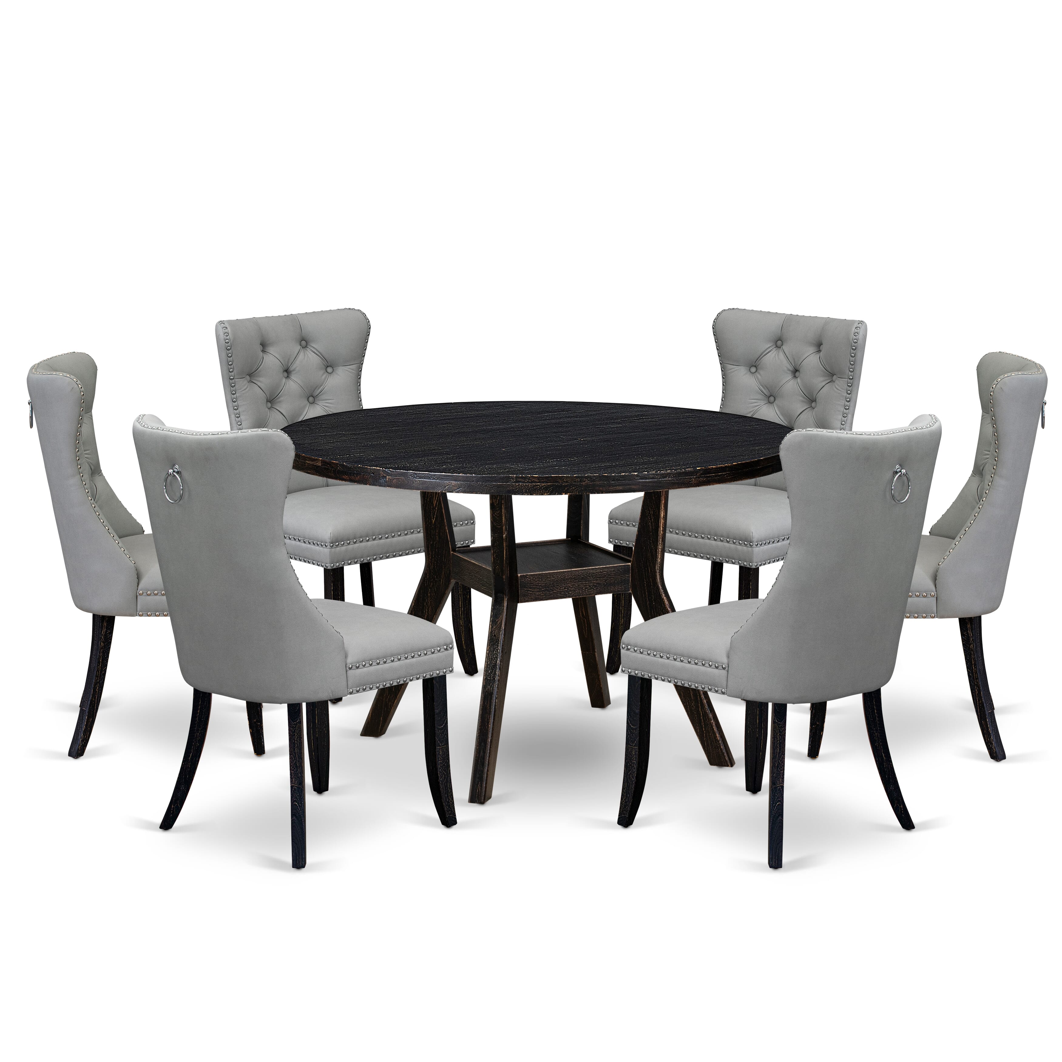 Luxe by East West Furniture I8DA7-411-27 7 Piece Dining Table Set Contains a 48" Round Table with Pedestal and 6 Light Gray Faux Leather Upholstered Chairs, Sand Blasted Black