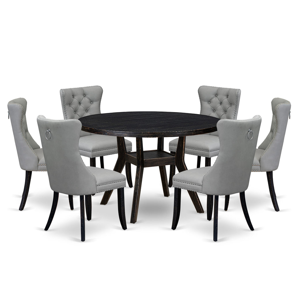 Luxe by East West Furniture I8DA7-411-27 7 Piece Dining Table Set Contains a 48" Round Table with Pedestal and 6 Light Gray Faux Leather Upholstered Chairs, Sand Blasted Black
