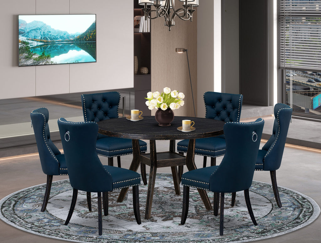 Luxe by East West Furniture I8DA7-411-29 7 Piece Dining Table Set Contains a 48" Round Table with Pedestal and 6 Navy Blue Faux Leather Upholstered Chairs, Sand Blasted Black