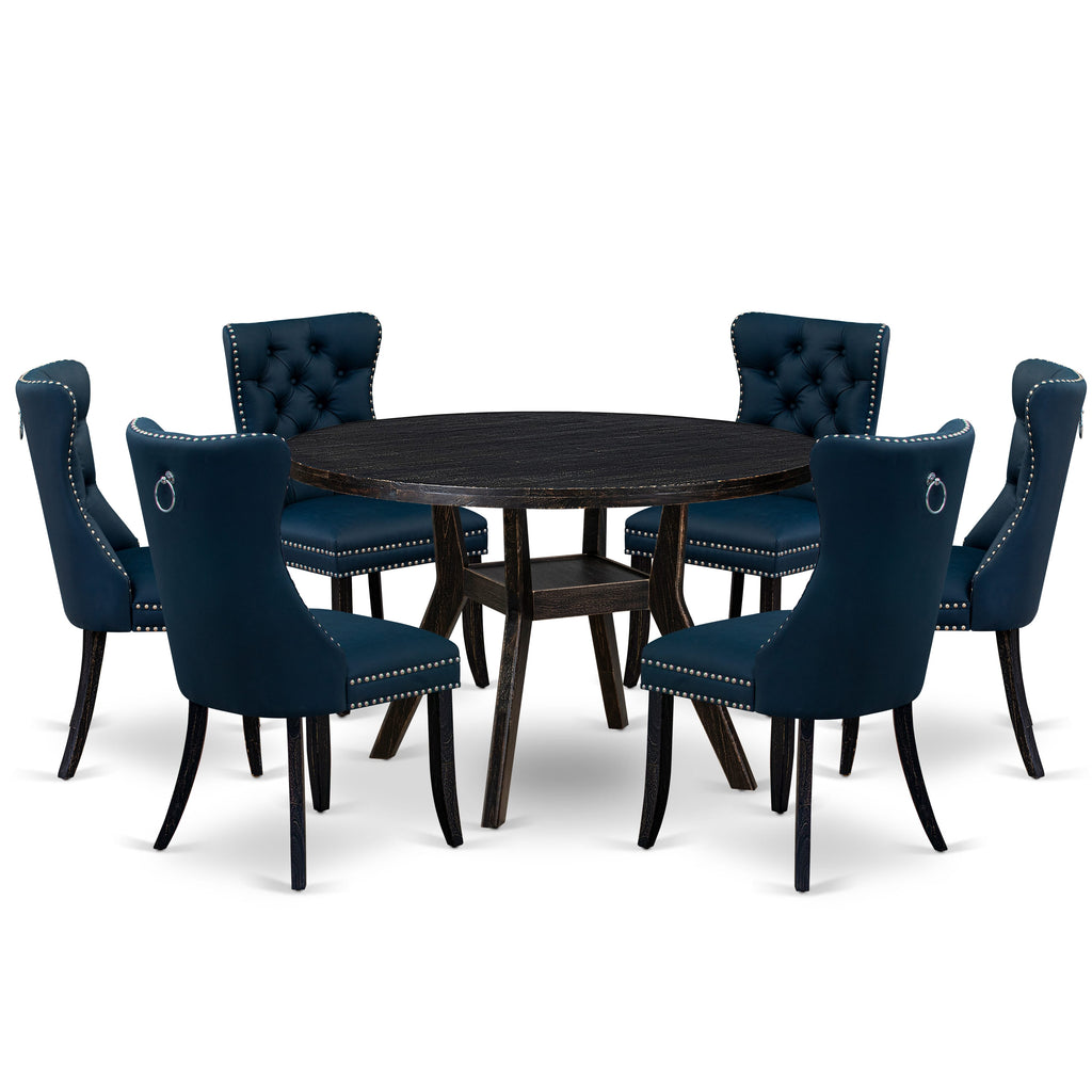Luxe by East West Furniture I8DA7-411-29 7 Piece Dining Table Set Contains a 48" Round Table with Pedestal and 6 Navy Blue Faux Leather Upholstered Chairs, Sand Blasted Black