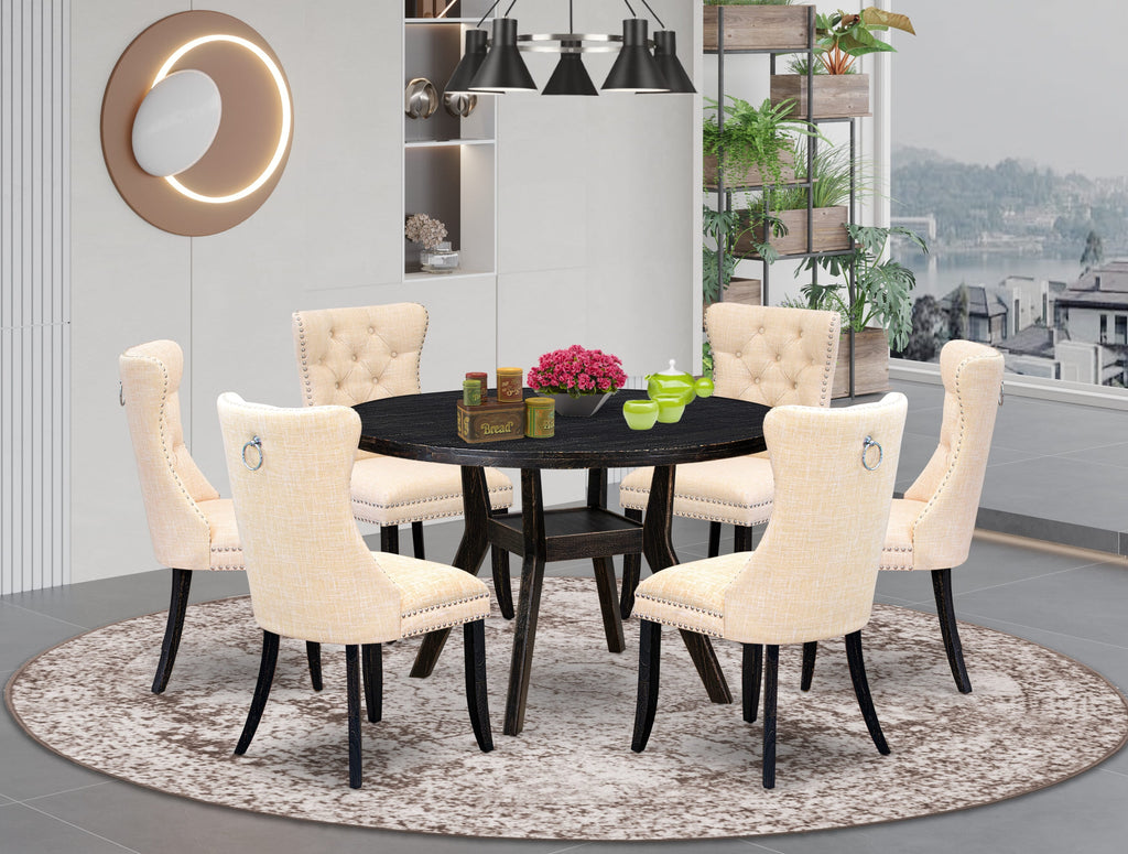 Luxe by East West Furniture I8DA7-411-32 7-piece Kitchen Set included a Dining table and 6 Light Beige Linen Fabric Dinner chairs with Button Tufted Back - Sand Blasted Black