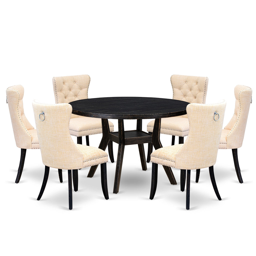 Luxe by East West Furniture I8DA7-411-32 7-piece Kitchen Set included a Dining table and 6 Light Beige Linen Fabric Dinner chairs with Button Tufted Back - Sand Blasted Black