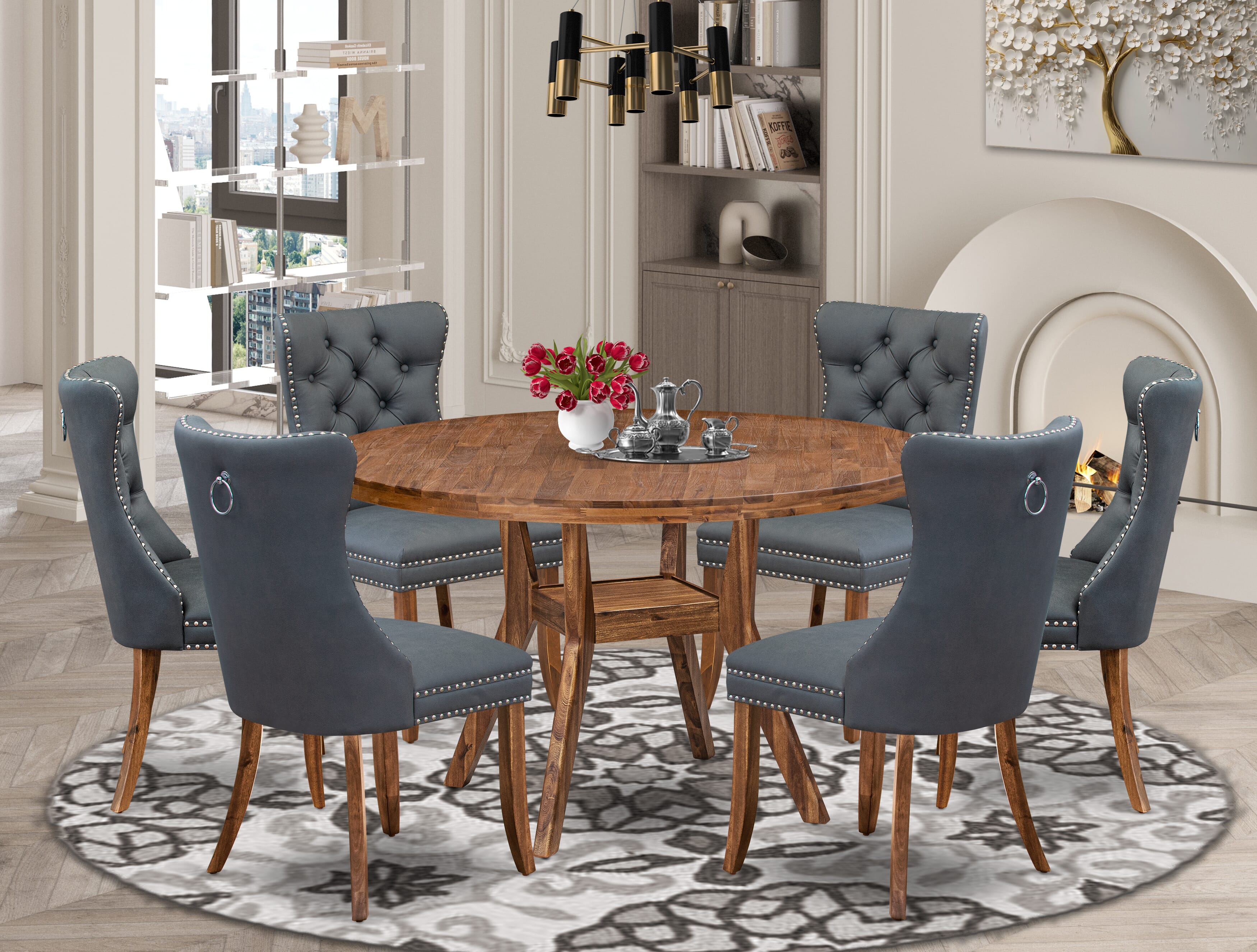 Luxe by East West Furniture I8DA7-50N-13 7-piece Dining table set consists of a Kitchen Table and 6 Platinum Gray Faux Leather Dining Chairs with Button Tufted Back - Antique Walnut Finish