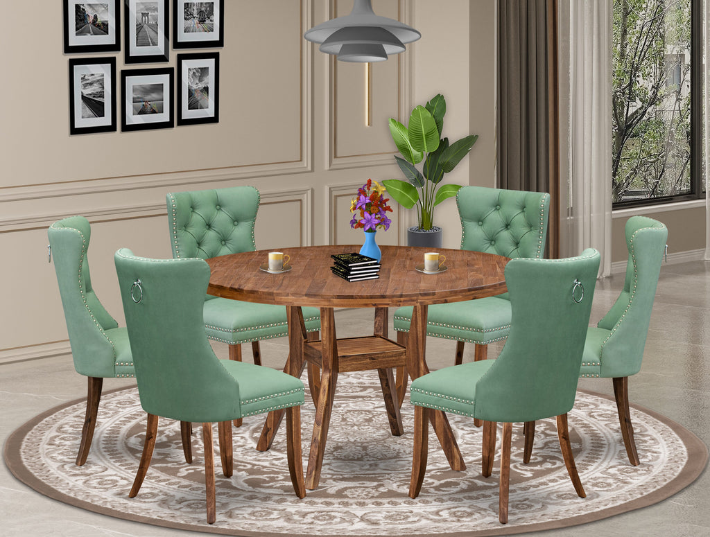 Luxe by East West Furniture I8DA7-50N-22 7-Pc Dining Room Table Set Consist a Dinner Table and 6 Willow Green Faux LeatherChairs with Button-Tufted Back, Antique Walnut