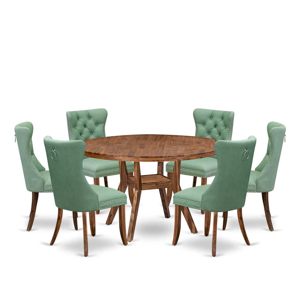 Luxe by East West Furniture I8DA7-50N-22 7-Pc Dining Room Table Set Consist a Dinner Table and 6 Willow Green Faux LeatherChairs with Button-Tufted Back, Antique Walnut
