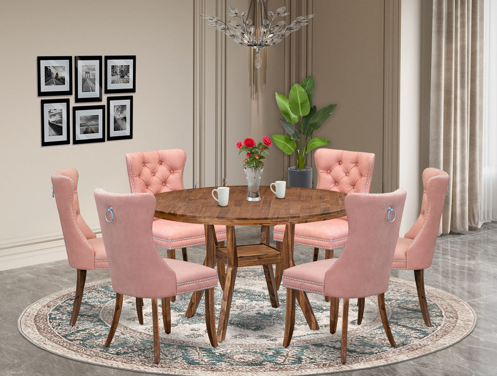 Luxe by East West Furniture I8DA7-50N-23 7-Pc Dining Room Set Consist a Dinner Table and 6 Beige Red Faux Leather Upholstered Chairs with Button-Tufted Back, Antique Walnut