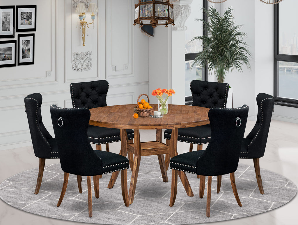 Luxe by East West Furniture I8DA7-50N-24 7-Piece Dining Table Set with Linen Fabric 6 Black upholstered dining chairs, Button-Tufted Backs, and a 54"Round Breakfast Table in Antique Walnut Finish.