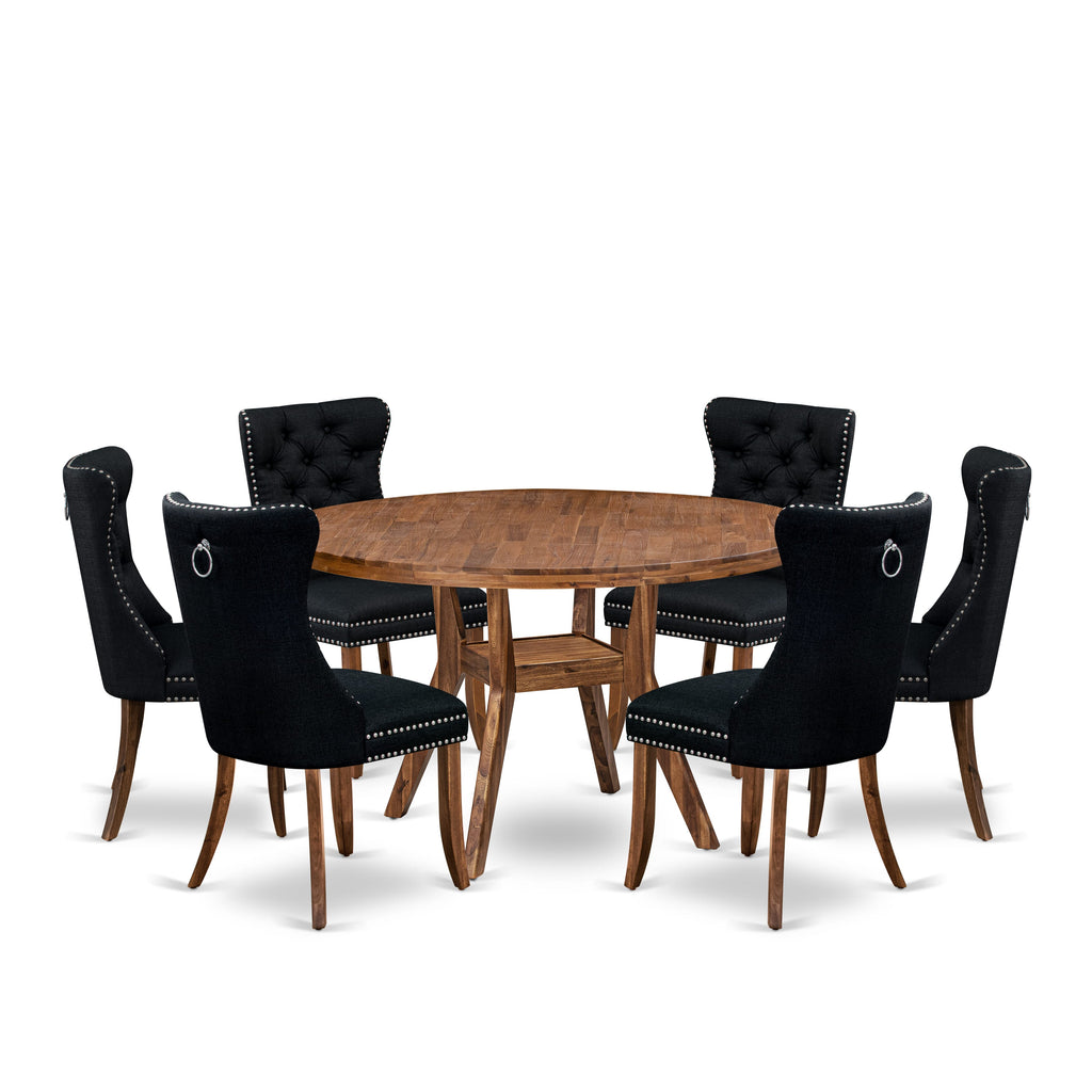 Luxe by East West Furniture I8DA7-50N-24 7-Piece Dining Table Set with Linen Fabric 6 Black upholstered dining chairs, Button-Tufted Backs, and a 54"Round Breakfast Table in Antique Walnut Finish.