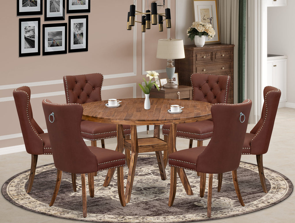 Luxe by East West Furniture I8DA7-50N-26 7-Pc Mid Century Dining Set Consist a Table and 6 Burgundy Faux Leather Upholstered Chairs with Button-Tufted Back, Antique Walnut