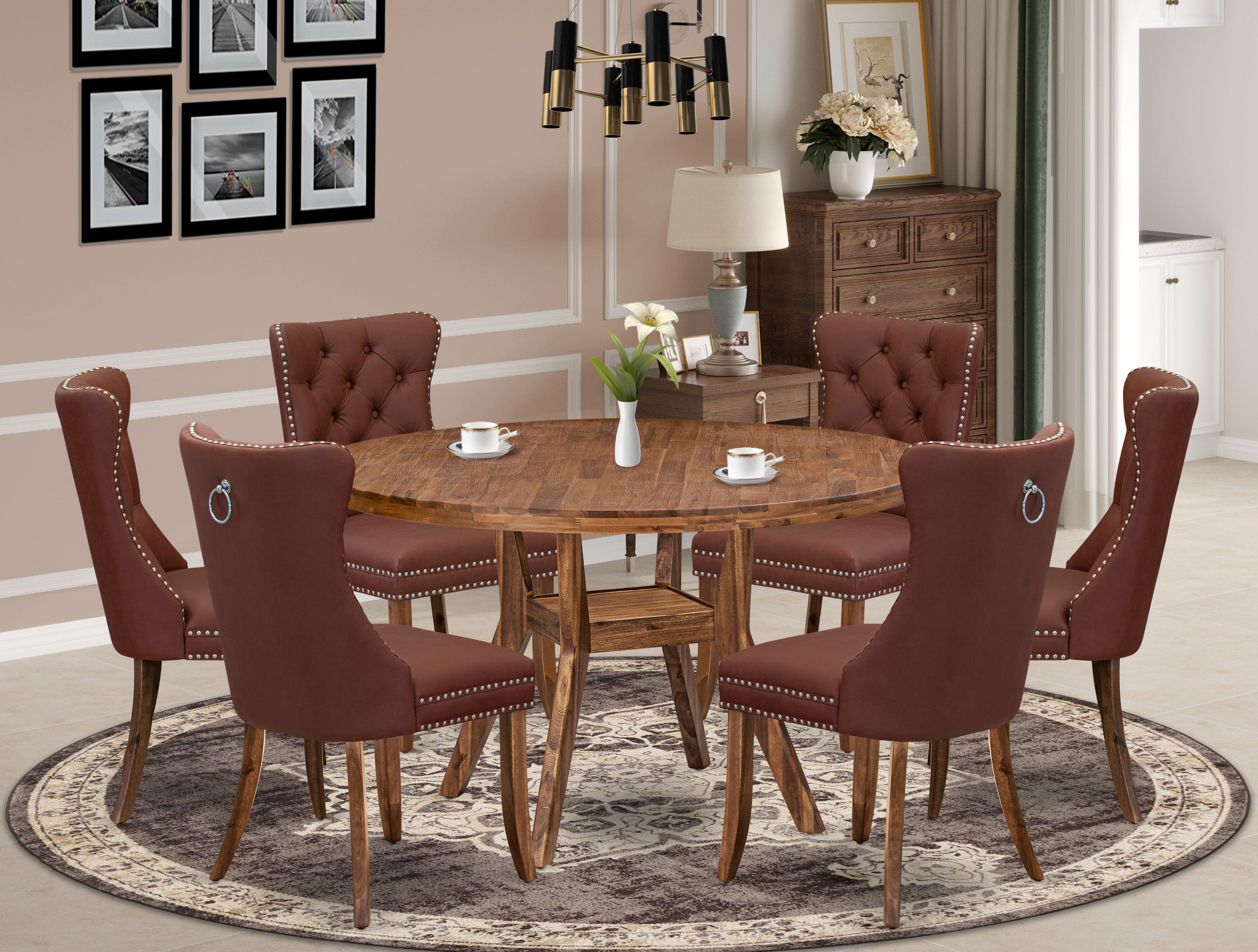 Luxe by East West Furniture I8DA7-50N-26 7-Pc Mid Century Dining Set Consist a Table and 6 Burgundy Faux Leather Upholstered Chairs with Button-Tufted Back, Antique Walnut