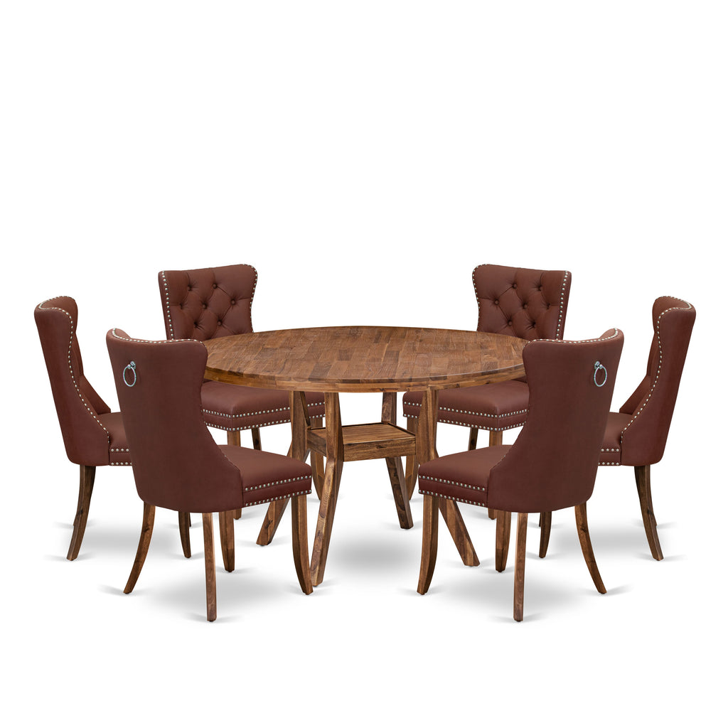 Luxe by East West Furniture I8DA7-50N-26 7-Pc Mid Century Dining Set Consist a Table and 6 Burgundy Faux Leather Upholstered Chairs with Button-Tufted Back, Antique Walnut