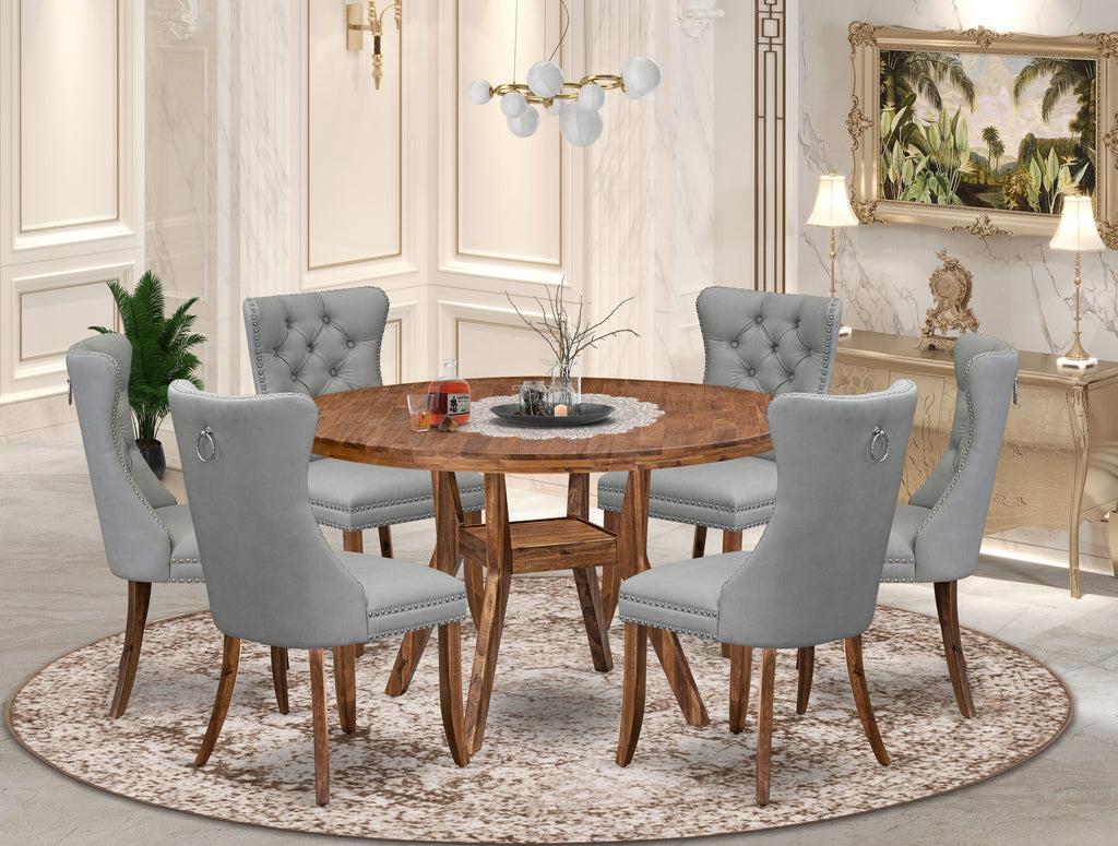 Luxe by East West Furniture I8DA7-50N-27 7-Pc Mid Century Dining Table Set Consist a Table and 6 Light Gray Faux Leather Padded Chairs with Button-Tufted Back, Antique Walnut