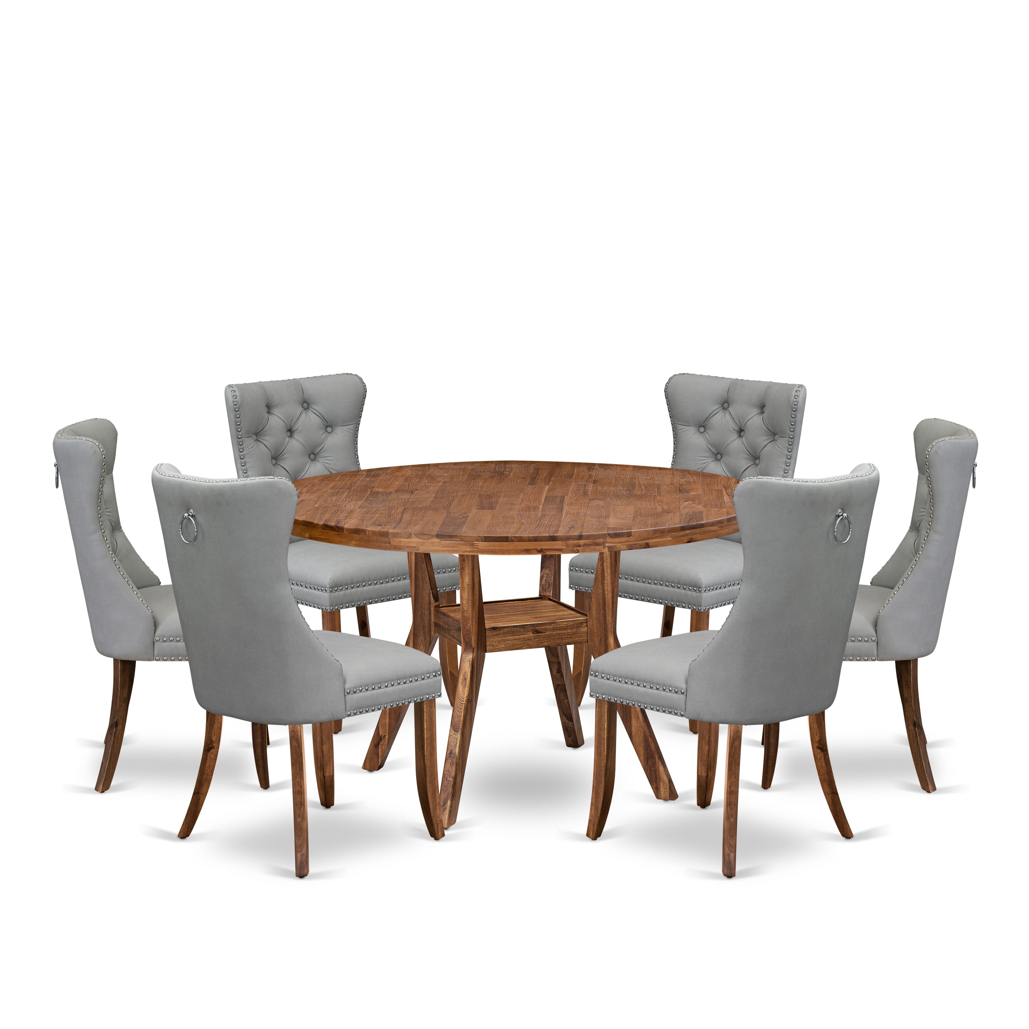 Luxe by East West Furniture I8DA7-50N-27 7-Pc Mid Century Dining Table Set Consist a Table and 6 Light Gray Faux Leather Padded Chairs with Button-Tufted Back, Antique Walnut
