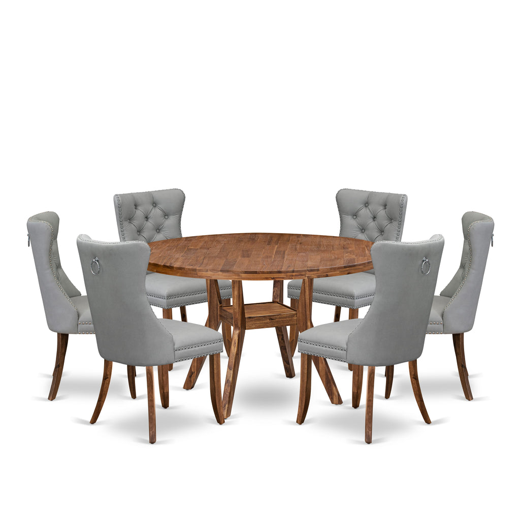Luxe by East West Furniture I8DA7-50N-27 7-Pc Mid Century Dining Table Set Consist a Table and 6 Light Gray Faux Leather Padded Chairs with Button-Tufted Back, Antique Walnut