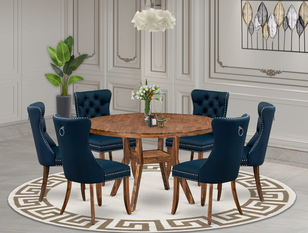 Luxe by East West Furniture I8DA7-50N-29 7-Piece Kitchen Table Set with Faux Leather 6 Navy Blue Padded dining chairs, Button-Tufted Backs, and a 54"Round Table in Antique Walnut Finish.