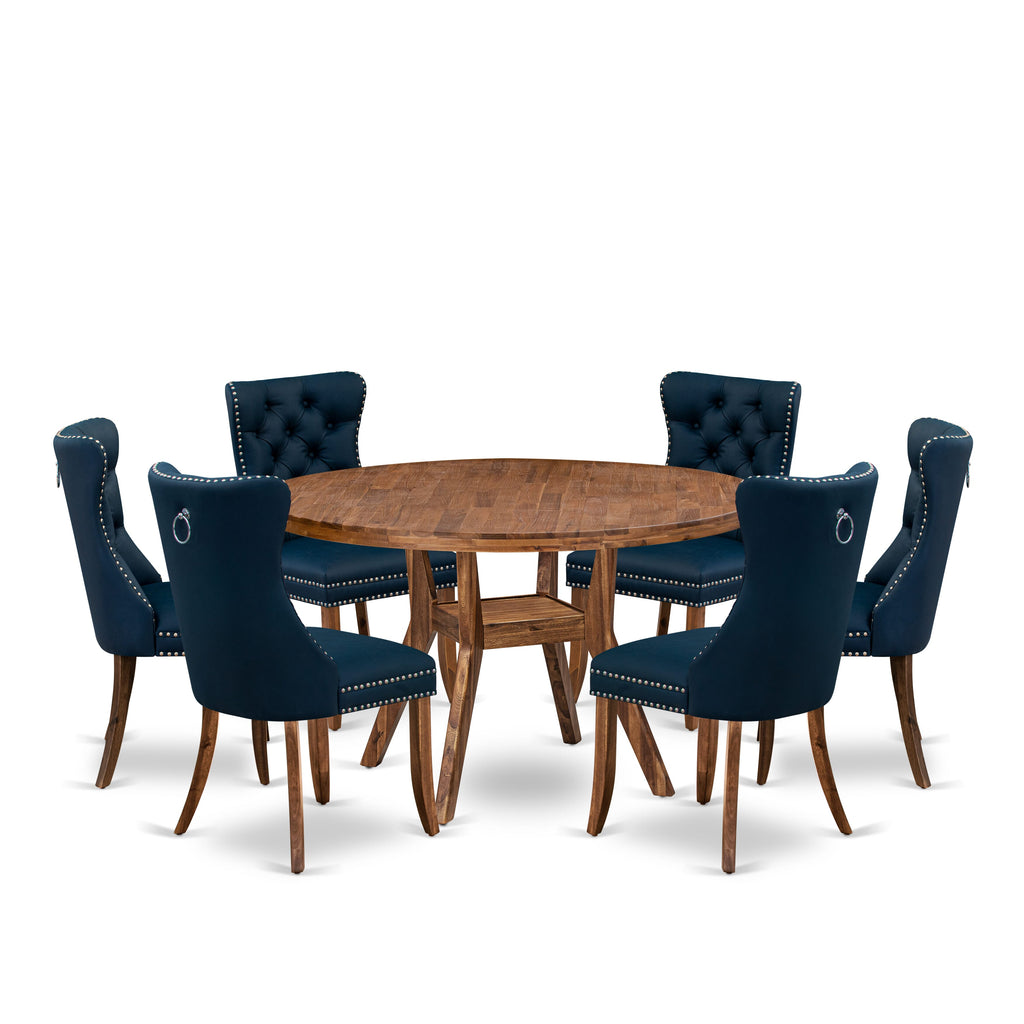 Luxe by East West Furniture I8DA7-50N-29 7-Piece Kitchen Table Set with Faux Leather 6 Navy Blue Padded dining chairs, Button-Tufted Backs, and a 54"Round Table in Antique Walnut Finish.