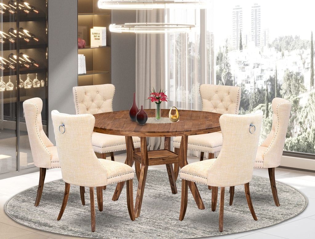 Luxe by East West Furniture I8DA7-50N-32 7-Piece Kitchen Table Set with Linen Fabric 6 Light Beige Kitchen chairs, Button-Tufted Backs, and a 54"Round Dinner Table in Antique Walnut Finish.