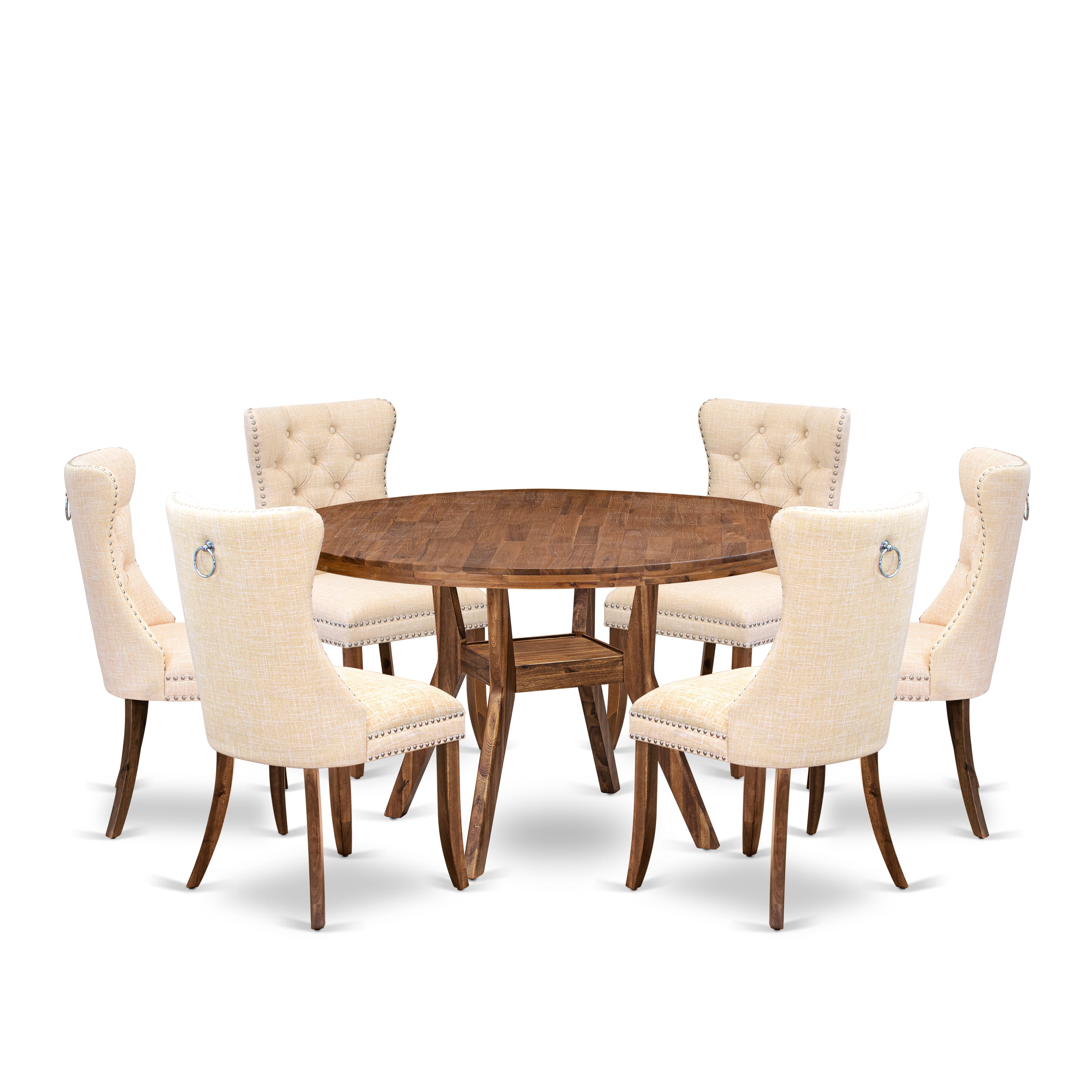 Luxe by East West Furniture I8DA7-50N-32 7-Piece Kitchen Table Set with Linen Fabric 6 Light Beige Kitchen chairs, Button-Tufted Backs, and a 54"Round Dinner Table in Antique Walnut Finish.