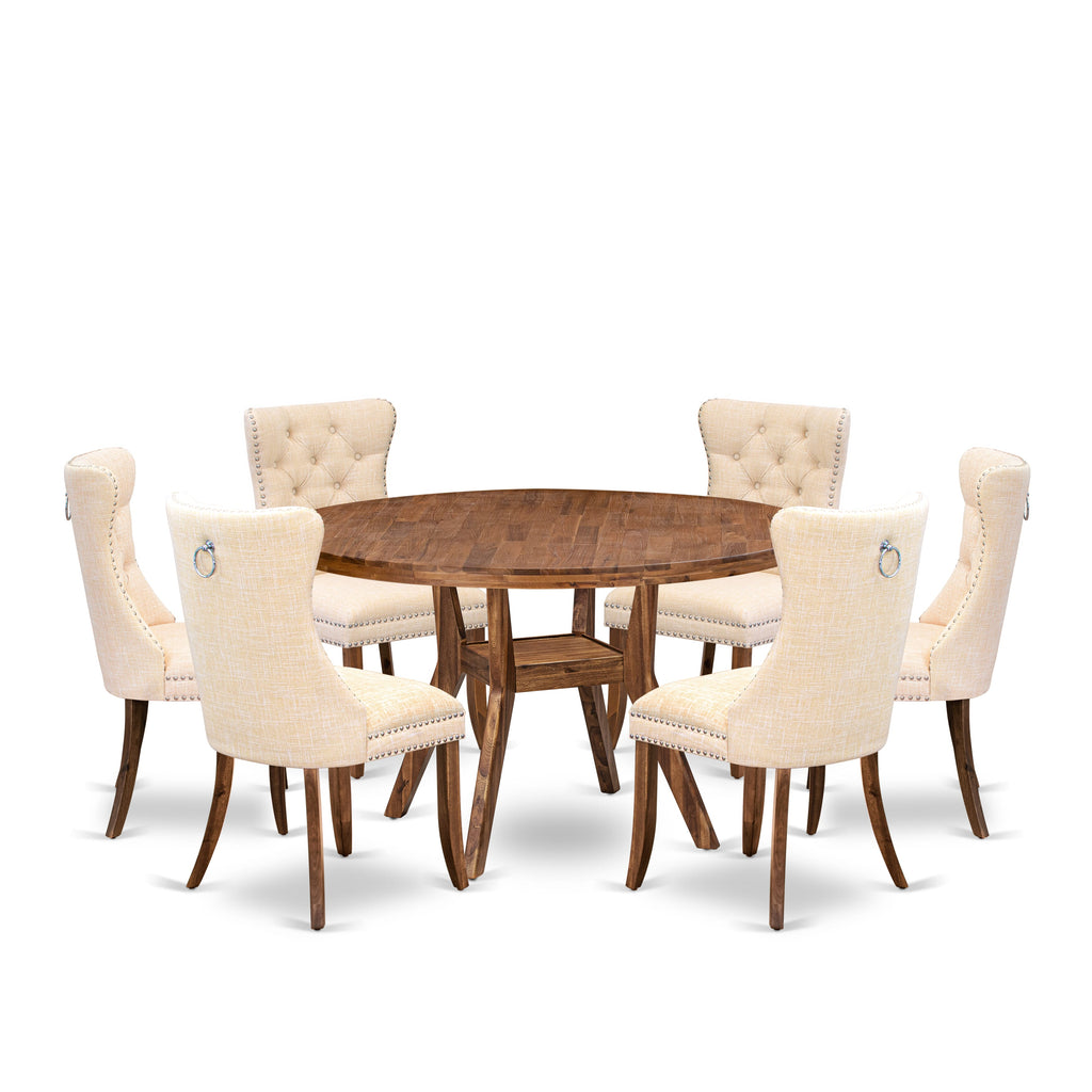 Luxe by East West Furniture I8DA7-50N-32 7-Piece Kitchen Table Set with Linen Fabric 6 Light Beige Kitchen chairs, Button-Tufted Backs, and a 54"Round Dinner Table in Antique Walnut Finish.