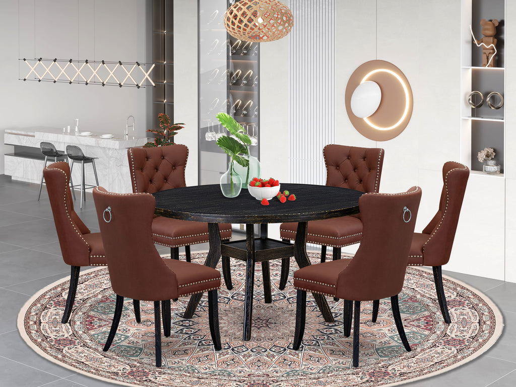 Luxe by East West Furniture I8DA7-511-26 7 Piece Dining Table Set Contains a 54" Round Table with Pedestal and 6 Burgandy Faux Leather Upholstered Chairs, Sand Blasted Black