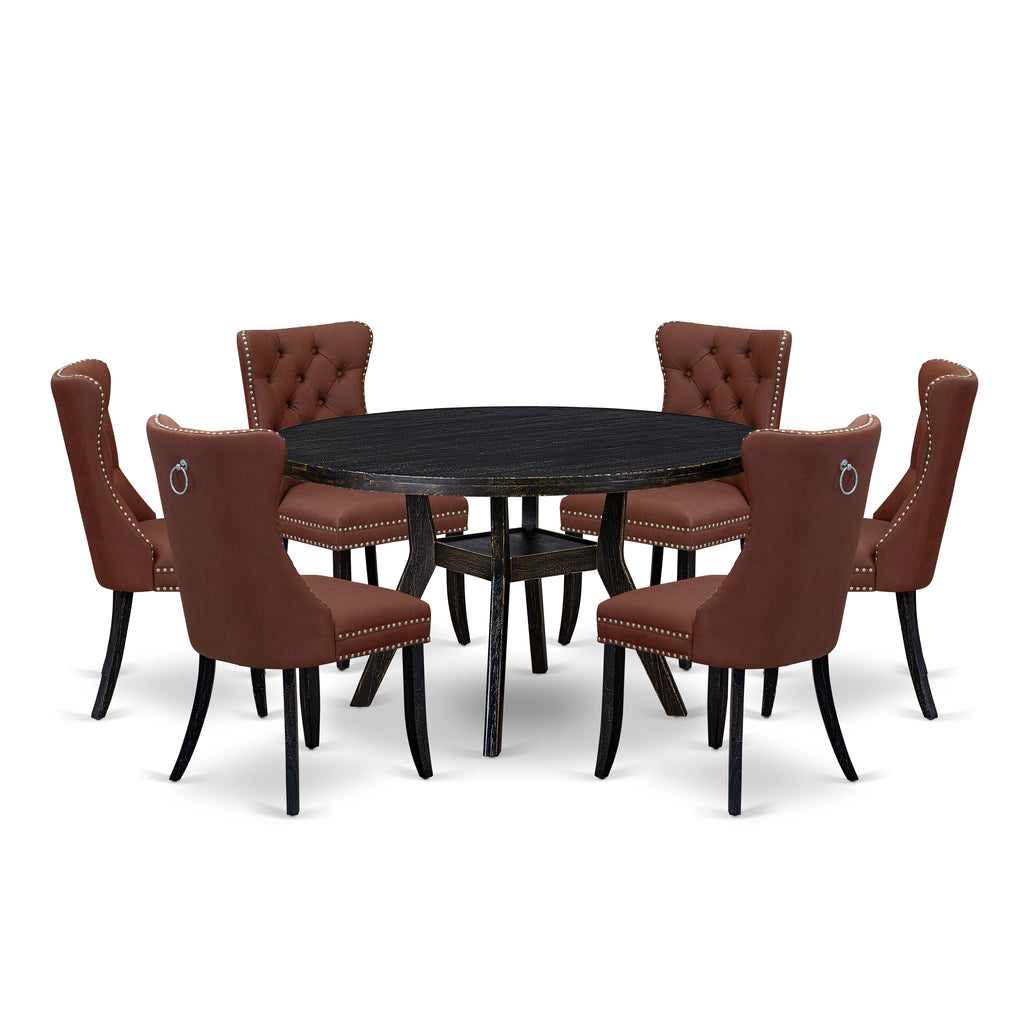 Luxe by East West Furniture I8DA7-511-26 7 Piece Dining Table Set Contains a 54" Round Table with Pedestal and 6 Burgandy Faux Leather Upholstered Chairs, Sand Blasted Black