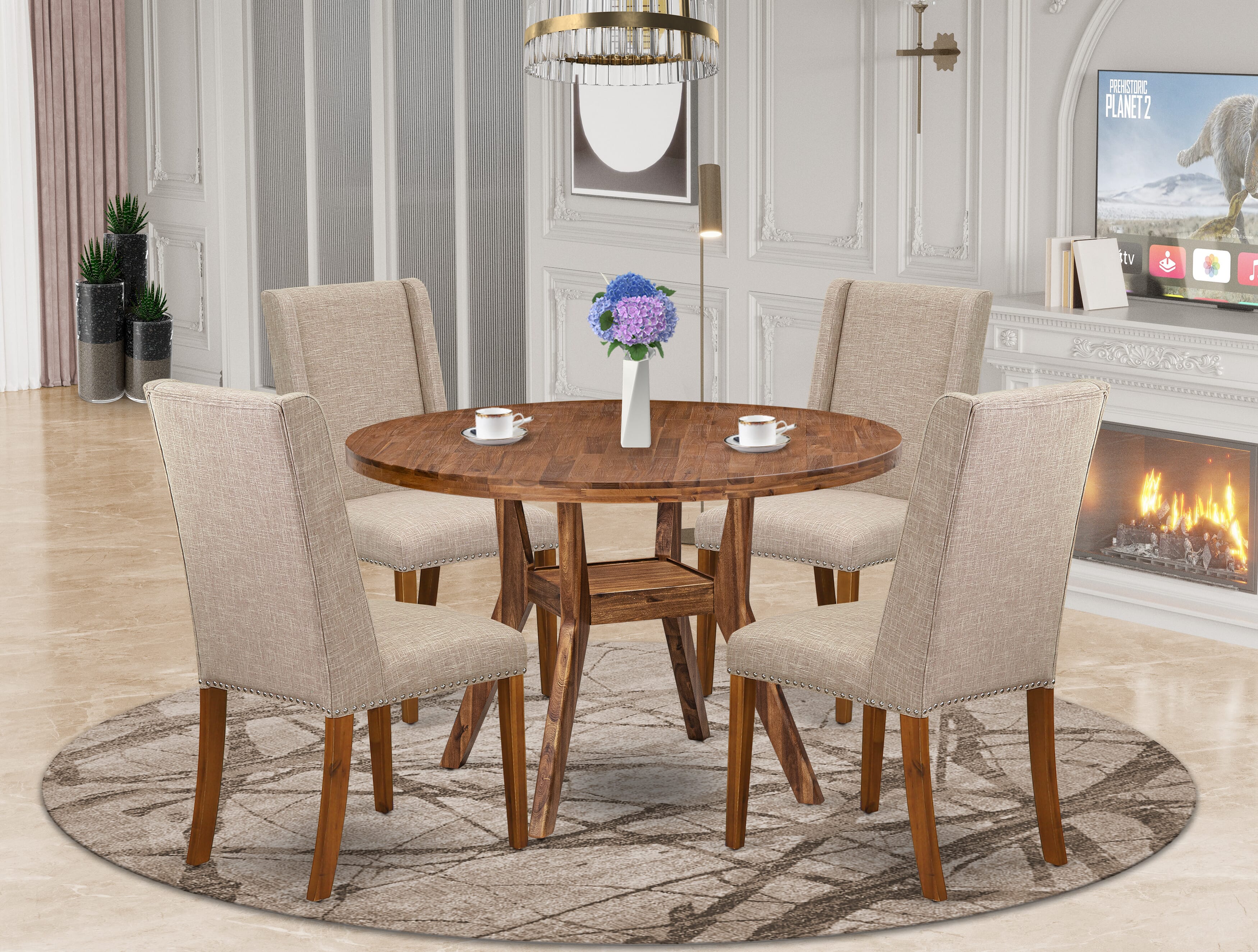 Luxe by East West Furniture - I8FL5-40N-04 - 5-Piece Dining Table Set Contains A Modern Table and 4 Light Tan Linen Fabric Upholstered Chairs with High Back, Antique Walnut