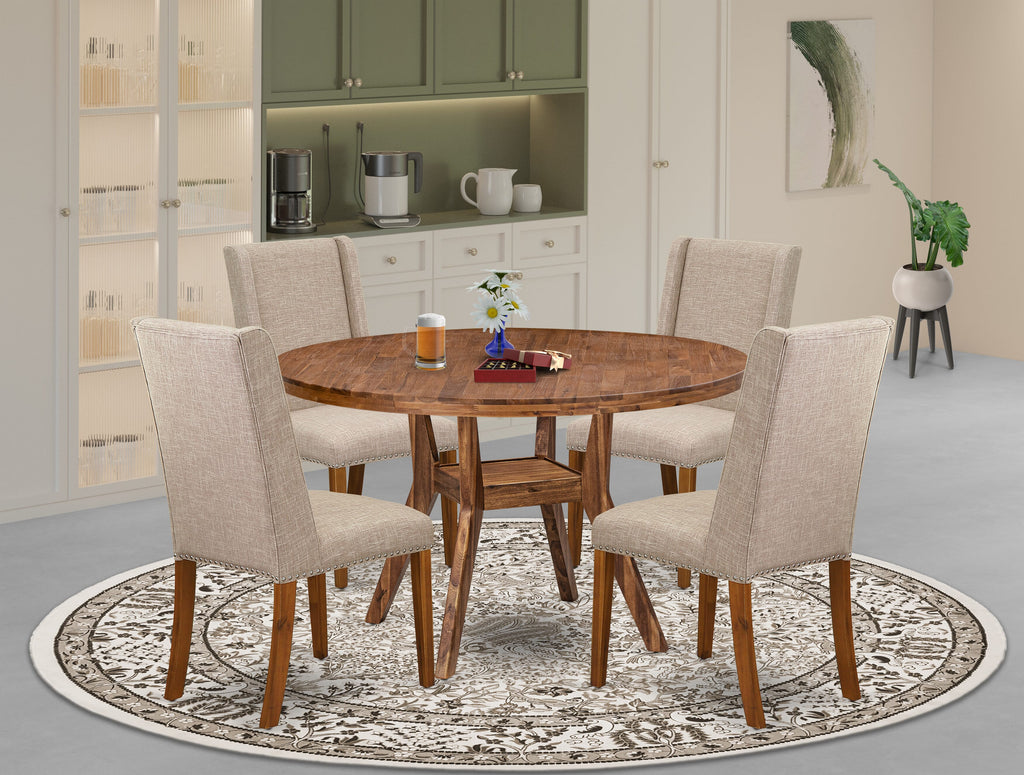 Luxe by East West Furniture I8FL5-50N-04 5-piece Dinner Table Set included a modern dining table and 4 Light Tan Linen Fabric dining chairs with Padded Back - Antique Walnut