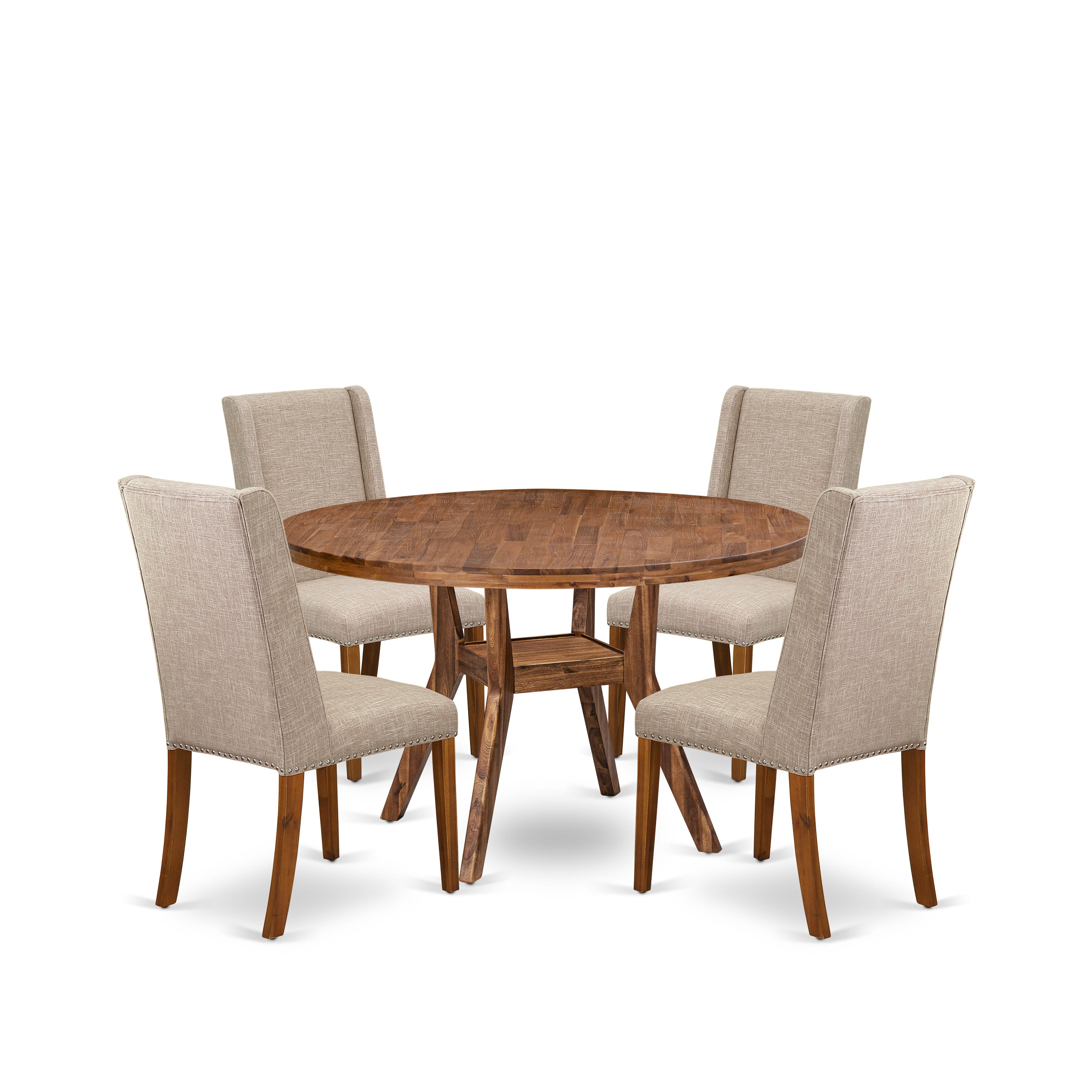 Luxe by East West Furniture I8FL5-50N-04 5-piece Dinner Table Set included a modern dining table and 4 Light Tan Linen Fabric dining chairs with Padded Back - Antique Walnut