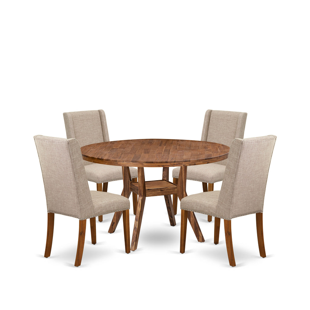 Luxe by East West Furniture I8FL5-50N-04 5-piece Dinner Table Set included a modern dining table and 4 Light Tan Linen Fabric dining chairs with Padded Back - Antique Walnut