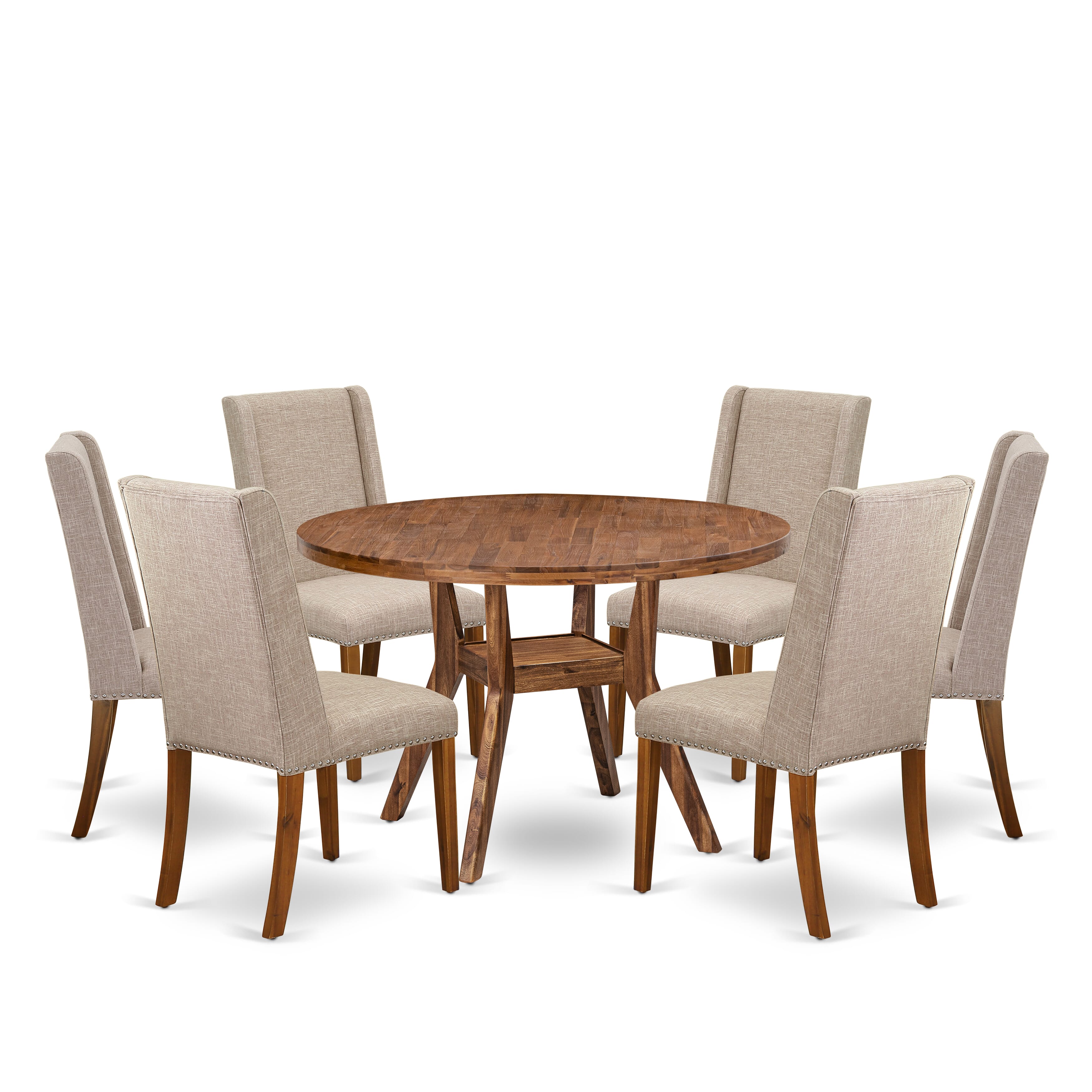 Luxe by East West Furniture - I8FL7-40N-04 - 7-Piece Modern Dining Set Consist of A Dining Table and 6 Light Tan Linen Fabric Dining Chair with High Back, Antique Walnut