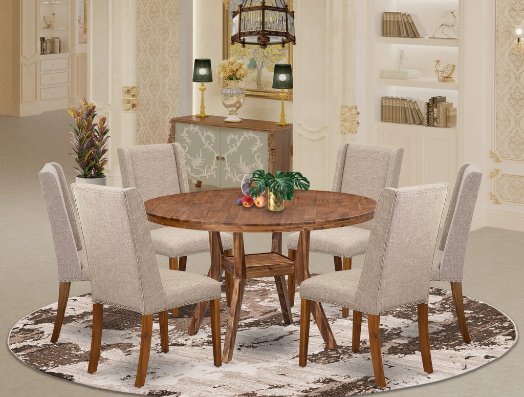 Luxe by East West Furniture I8FL7-50N-04 7-piece Dinette Set consists of a wood dining table and 6 Light Tan Linen Fabric dining room chairs with Padded Back -Antique Walnut