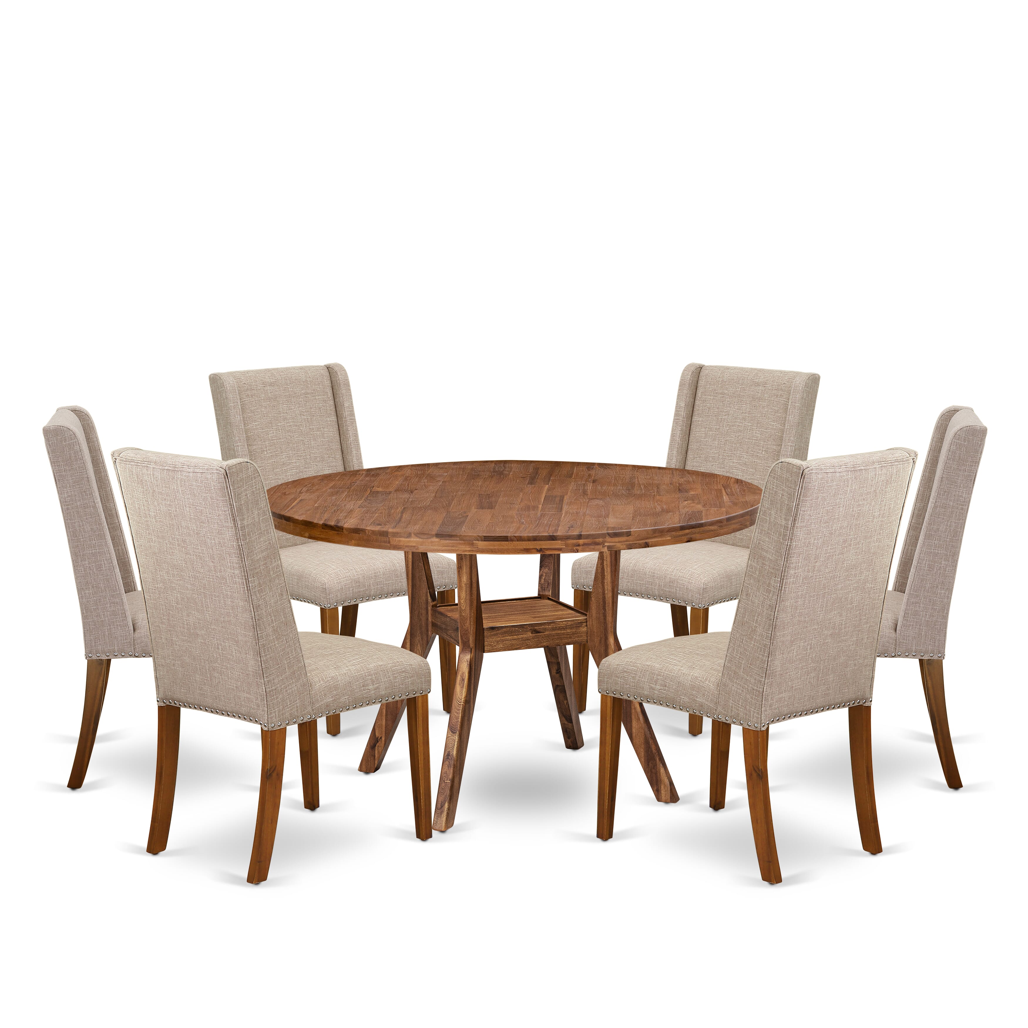 Luxe by East West Furniture I8FL7-50N-04 7-piece Dinette Set consists of a wood dining table and 6 Light Tan Linen Fabric dining room chairs with Padded Back -Antique Walnut