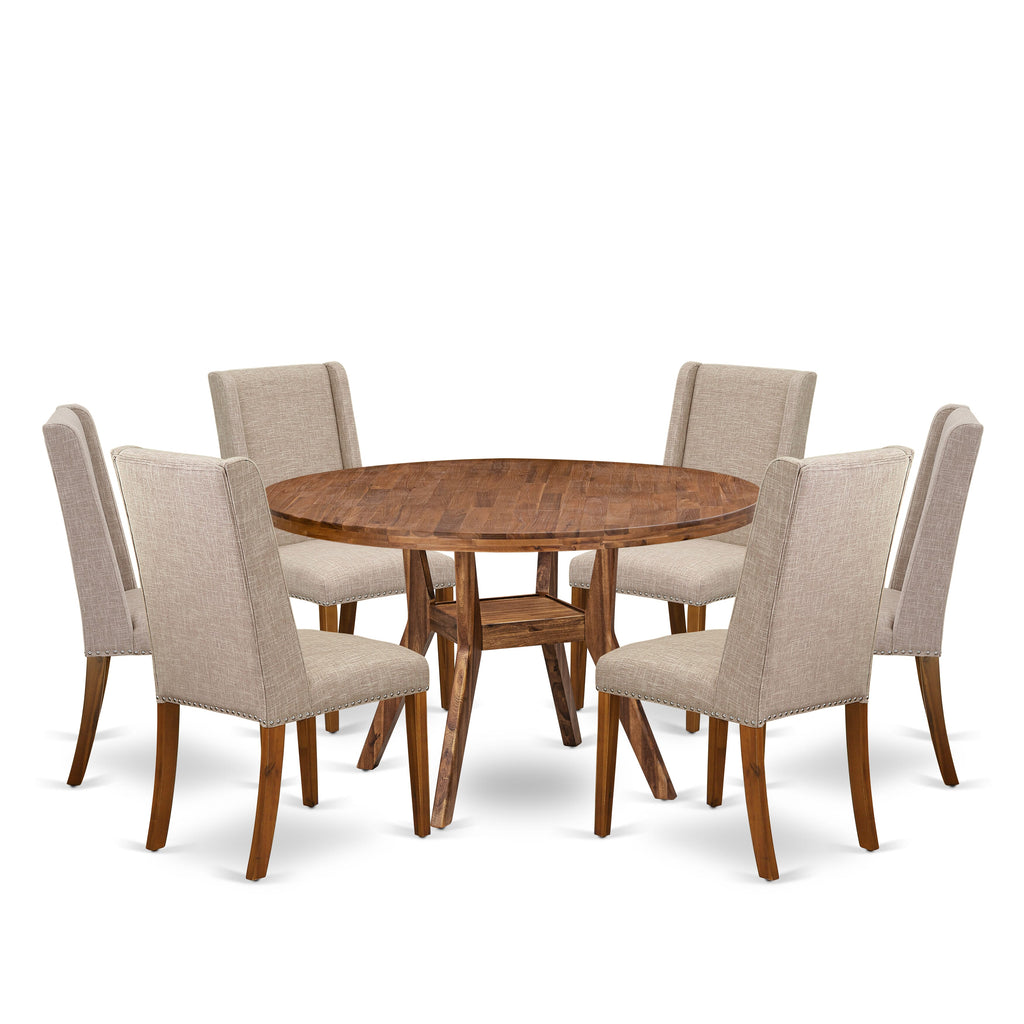 Luxe by East West Furniture I8FL7-50N-04 7-piece Dinette Set consists of a wood dining table and 6 Light Tan Linen Fabric dining room chairs with Padded Back -Antique Walnut