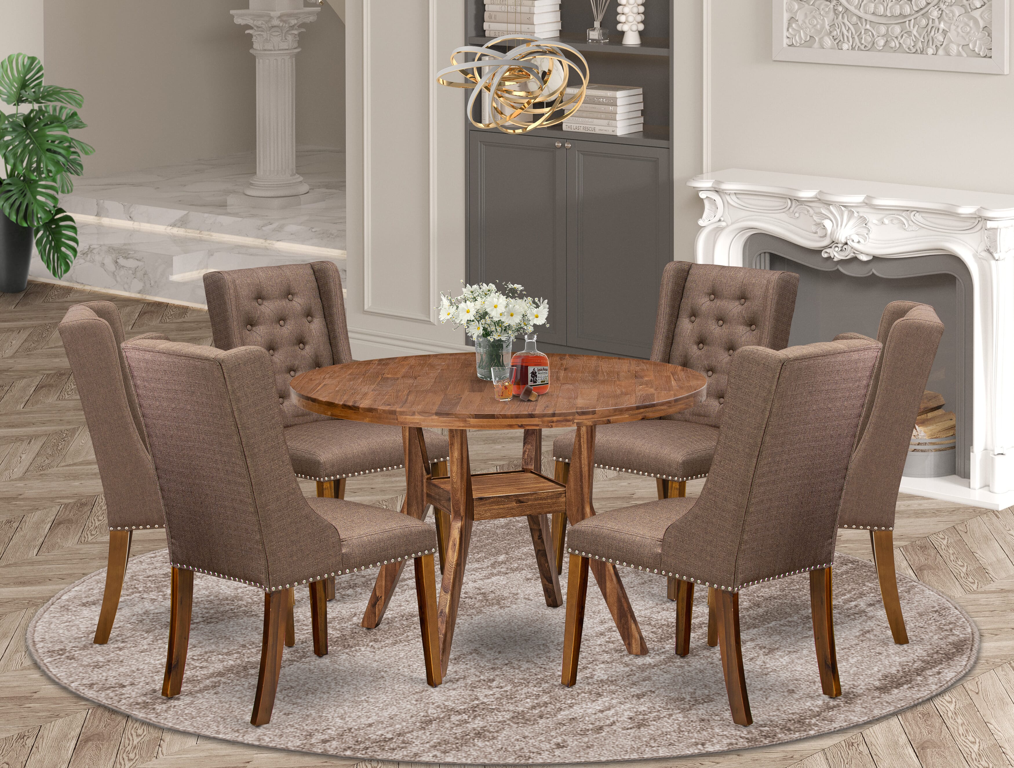 Luxe by East West Furniture - I8FO7-40N-18 - 7-Piece Dining Table Set Consist of A Wooden Kitchen Table and 6 Brown Linen Fabric Chair with Button Tufted Back, Antique Walnut